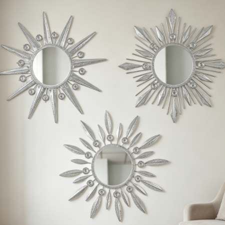 Sunburst Rhinestone Mirrors — 3-Piece Silver Set