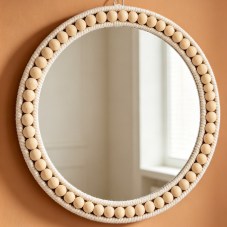Wood Bead Round Mirror — Bohemian Rustic Style